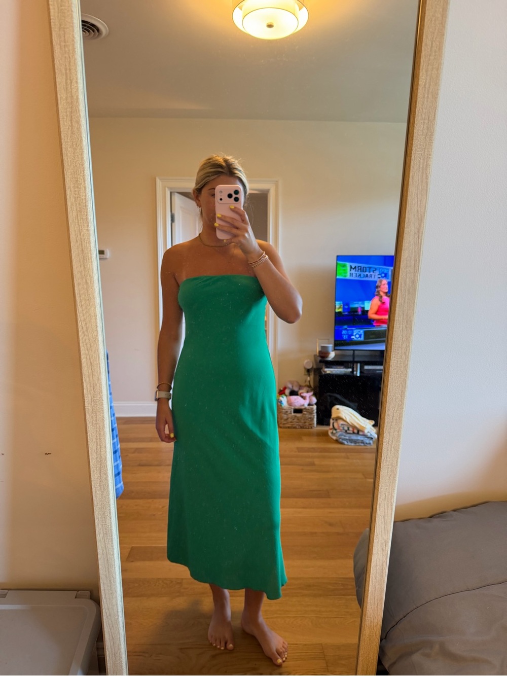 See You Monday Strapless Emerald Green Midi Dress